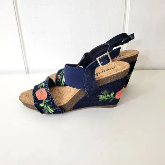 VeganBio Embroidered Cork Wedge Sandals - Picture 2 of 9